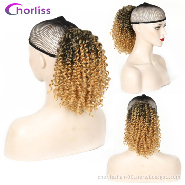Black Blonde Ombre Afro Kinky Curly Drawstring Chignon Hairpieces Ponytail Hair Clip in Extensions Hairpieces For Black Women